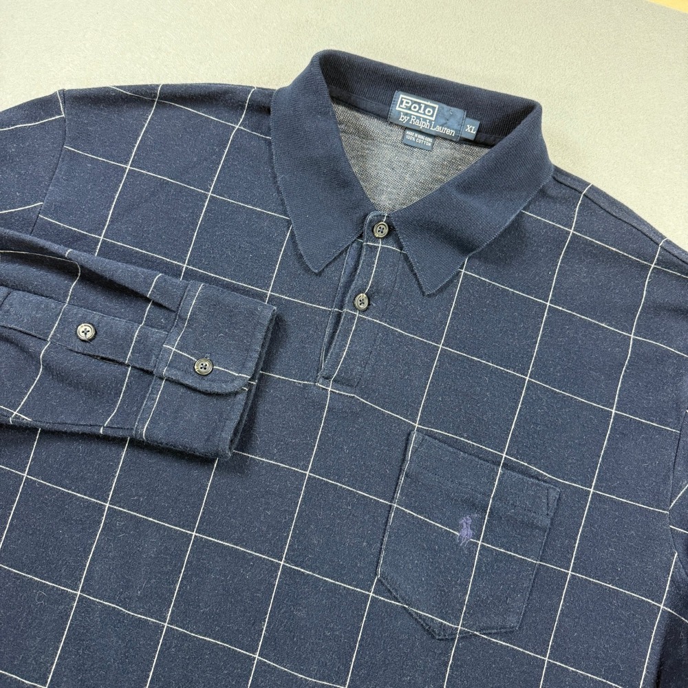 Vintage Polo Ralph Lauren Polo Shirt Mens XL Navy Windowpane Long Sleeve Cotton